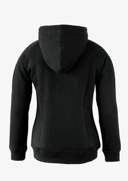 A black women's hoodie with a fitted design and a hood, featuring a logo on the back.