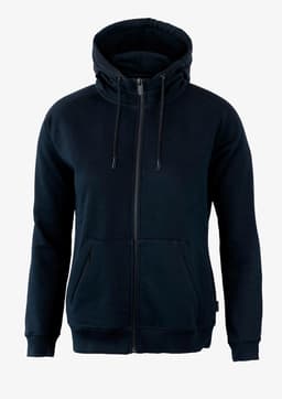 A navy blue women's hoodie with a front zipper, two pockets, and a hood, featuring a logo.