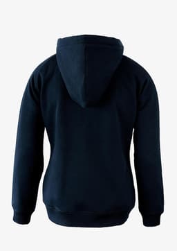A dark navy hoodie featuring a hood and a plain back design, suitable for women. Includes a logo on the fabric.