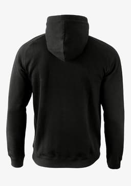 A black hoodie with a hood and long sleeves, featuring a simple design and a logo on the back.