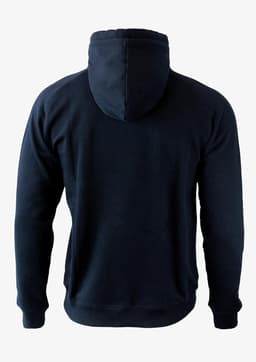 A dark navy hoodie with a back view, featuring a hood and a minimalist design. It has a branding logo.