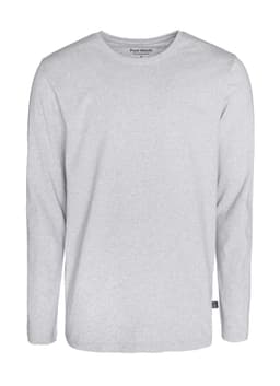 A grey long sleeve t-shirt featuring a round neck and a small logo on the side hem.
