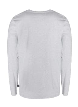 A grey men's long sleeve t-shirt featuring a simple design and a logo at the hem.