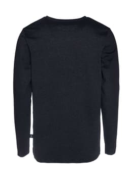 A black men's long sleeve t-shirt with a simple design and a logo on the back.