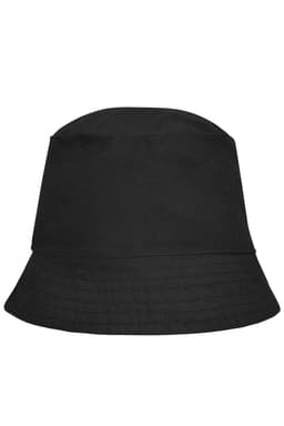 A black bucket hat featuring a wide brim and a simple design. It has a logo on the side.