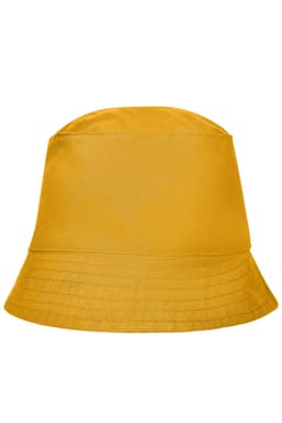 A yellow bucket hat with a smooth texture and a subtle branding logo.