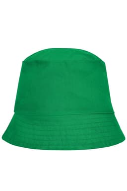 A green bucket hat with a wide brim, featuring a simple design and a logo on the side.