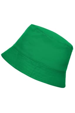 A green bucket hat with a wide brim. The hat has a simple design and features a logo.