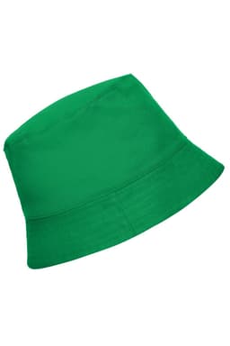 A green bucket hat with a wide brim, featuring a logo on the side.