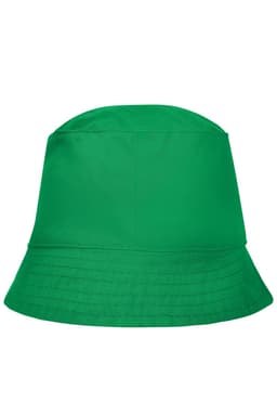 A green bucket hat with a wide brim and a simple design. There is a logo on the hat.