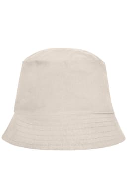 A beige bucket hat with a wide brim, featuring a simple design and a logo on the side.