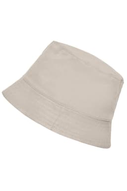 A beige bucket hat with a wide brim, featuring a simple design and a logo.