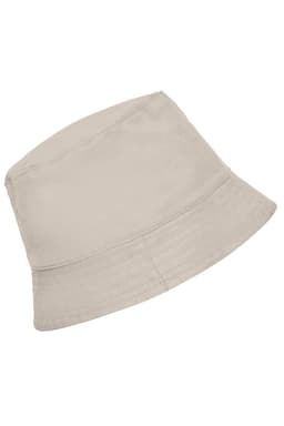 A beige bucket hat featuring a wide brim and a simple design, with a small logo on the side.