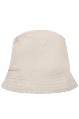 A beige bucket hat made from soft fabric, featuring a round crown and a wide, downward-sloping brim.
