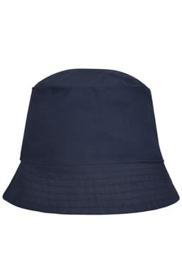 A navy blue bucket hat with a wide brim and a subtle texture, featuring a branding logo.