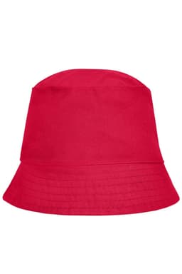 A red bucket hat with a wide brim and a smooth finish, featuring a logo on the side.