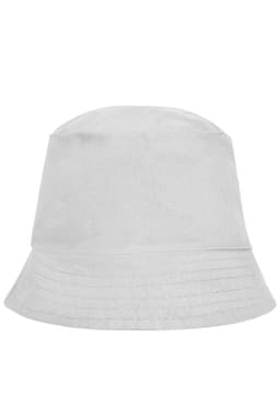 A white bucket hat with a wide brim and pleated detailing, featuring a logo on the side.