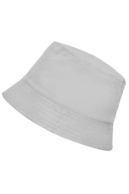 A light grey bucket hat with a soft fabric and a subtle brim, featuring a logo on the side.
