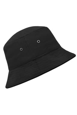 A black bucket hat featuring a wide brim and eyelets on the sides. It has a simple and sleek design.