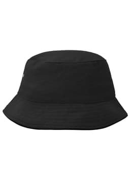 A black fisherman piping hat with a wide brim and a simple design featuring a logo.
