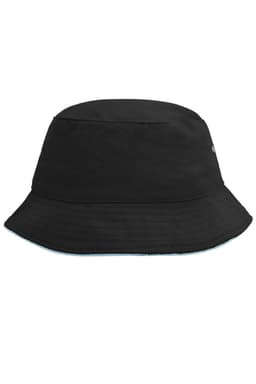 A black fisherman piping hat with a wide brim and a logo detail on the side.