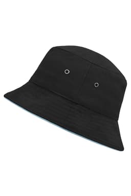 A black bucket hat with ventilation holes and a contrasting underside. It features a logo on the exterior.