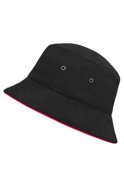 A black bucket hat with a red underside and metal eyelets for ventilation. It features a logo on the front.