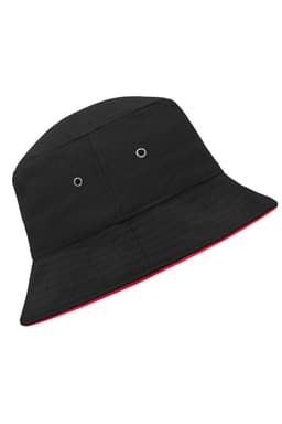 A black bucket hat featuring a red underside and ventilation eyelets, with a branding logo on the side.