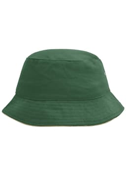 A green bucket hat with a wide brim and a logo on the side.