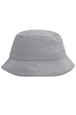 A grey bucket hat with a wide brim and a logo. Suitable for fishing or casual wear.