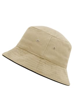 A beige fisherman piping hat featuring a bucket design with ventilation holes and a contrasting black underside.
