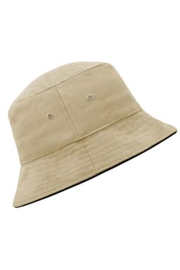 A beige bucket hat featuring ventilation eyelets and a contrasting black underside, with a logo present.