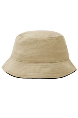 A beige fisherman piping hat with a wide brim and a black trim, featuring a logo on the side.