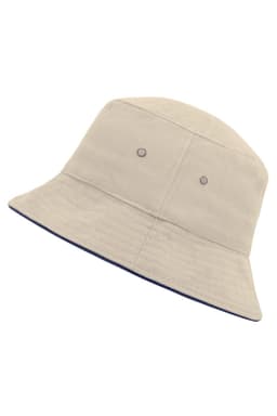 A beige Fisherman Piping Hat with a brim and contrasting navy trim, featuring two ventilation eyelets.