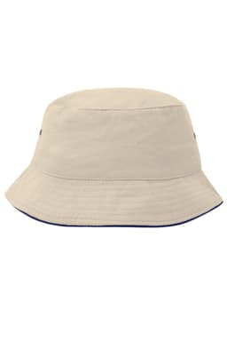 A beige bucket hat with a wide brim and a logo, ideal for outdoor activities.