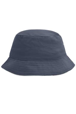 A navy blue bucket hat with a wide brim and a logo on the side. Ideal for outdoor activities.
