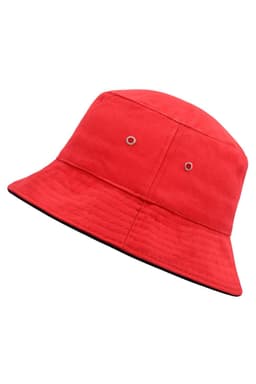 A red bucket hat with a textured finish and ventilation eyelets, featuring a subtle branding logo.