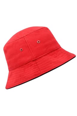 A red bucket hat featuring side ventilation holes and a contrasting black trim, with a logo.