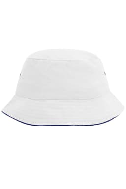 A white bucket hat with a navy blue rim and a logo on the side.