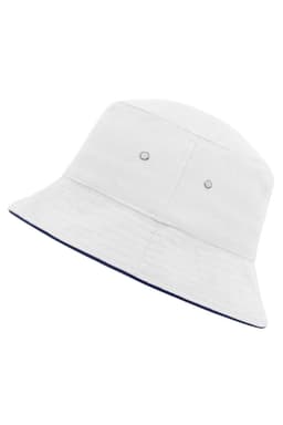 A white bucket hat with a navy trim and ventilation eyelets, featuring a logo on the side.