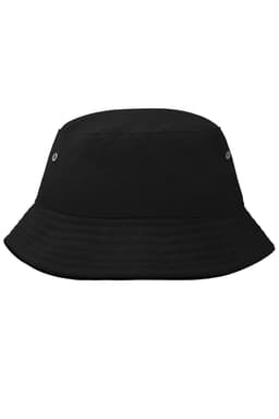 A black bucket hat with a smooth surface and eyelets on the sides, featuring a simple design.