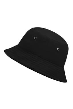 A black bucket hat with eyelets on the sides, made from durable fabric. Features a wide brim.