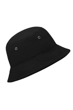 A black bucket hat with eyelets, featuring a rounded top and a wide brim.
