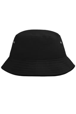 A black bucket hat with a round crown and a wide brim, featuring metal eyelets for ventilation.