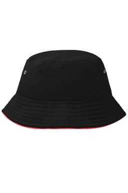 A black bucket hat with a red underside and silver eyelets, featuring a logo on the side.