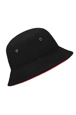 A black bucket hat with a red rim and eyelet vents. It features a logo on the band.