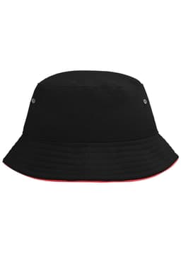 A black bucket hat with a red trim and metal eyelets, featuring a logo.