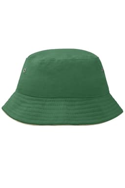 A green bucket hat featuring a classic design and eyelet details. It also has a logo on the side.