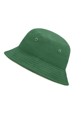 A green bucket hat with a wide brim and two metal eyelets for ventilation, featuring a simple design.