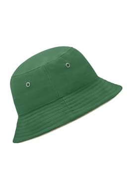 A green bucket hat with ventilation eyelets and a textured brim. Features a logo on the side.